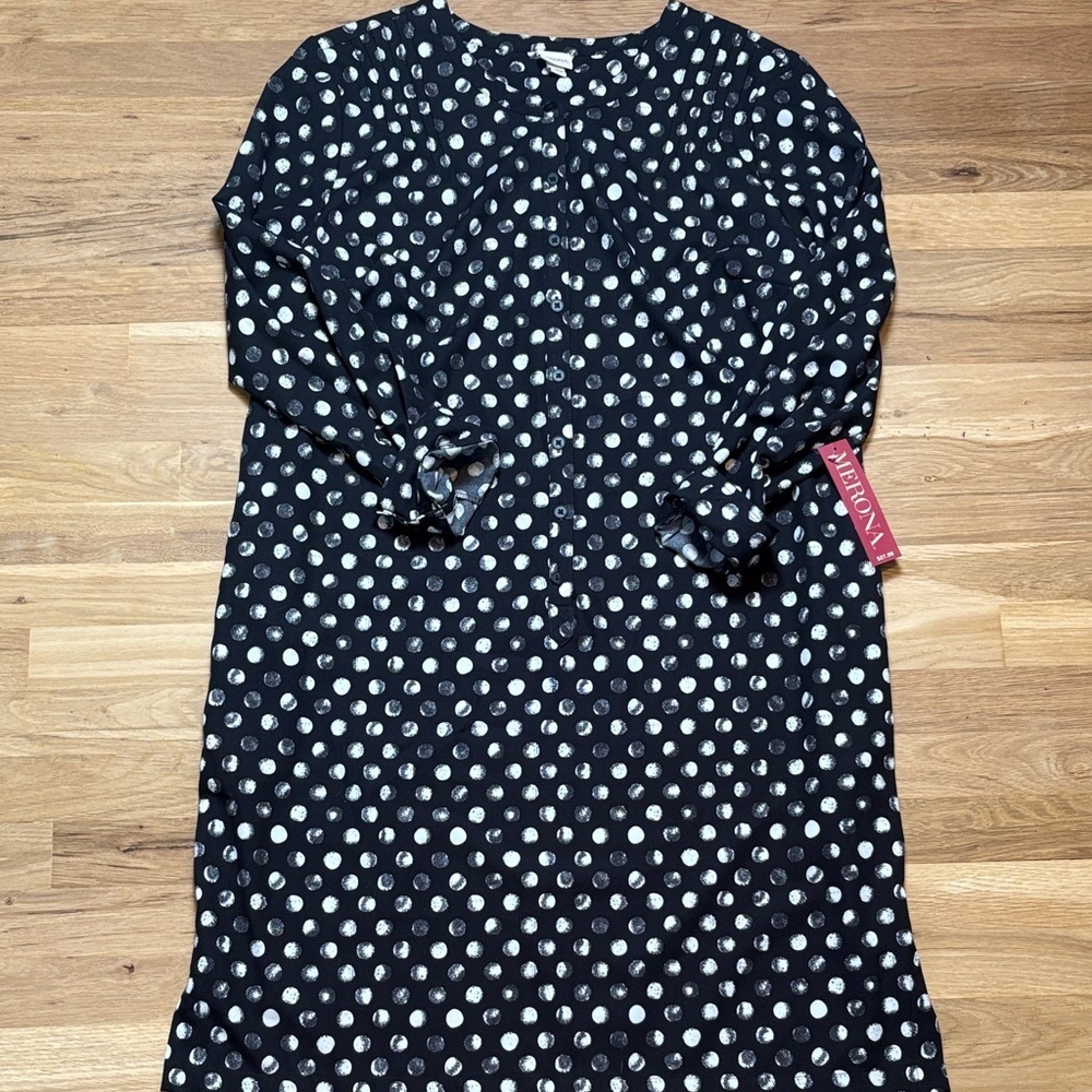 NWT Merona Black and White Polka Dot Long Sleeve Shift Dress Women’s XXL